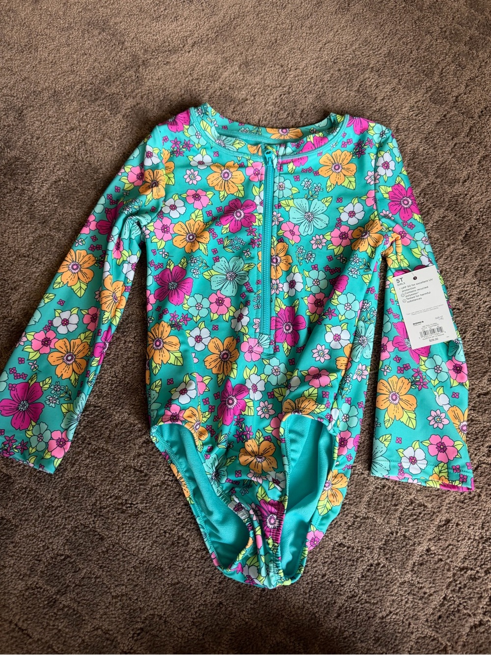 NWT jumping beans Turquoise Floral Long-Sleeve One-Piece Swimsuit